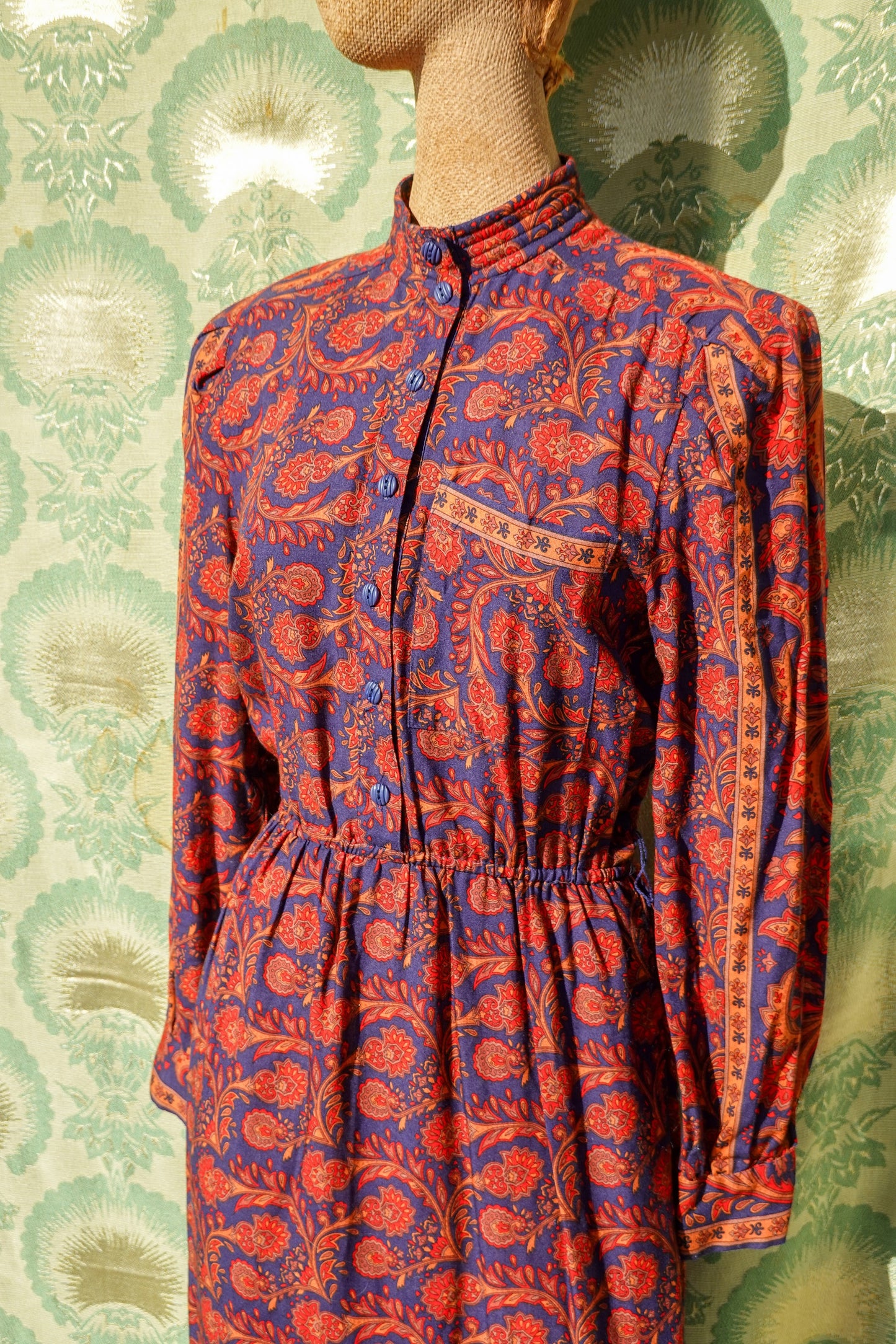 80's Paisley Shirt Dress - Vintage Navy and Red Easy Dress - Elastic Waist, High Collar Shirt Dress - by California Girl - Medium/Large