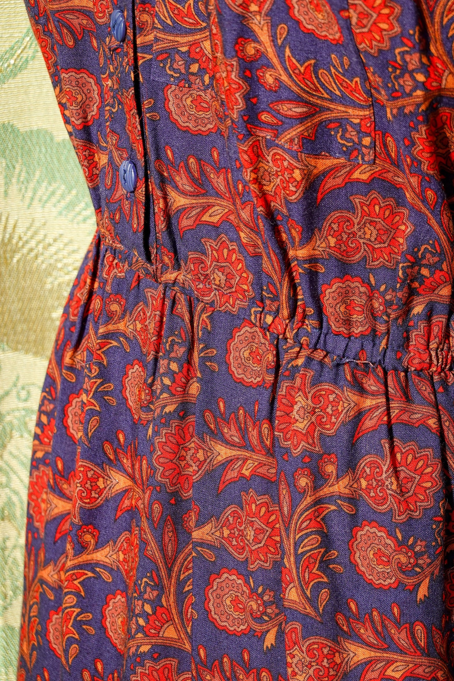80's Paisley Shirt Dress - Vintage Navy and Red Easy Dress - Elastic Waist, High Collar Shirt Dress - by California Girl - Medium/Large