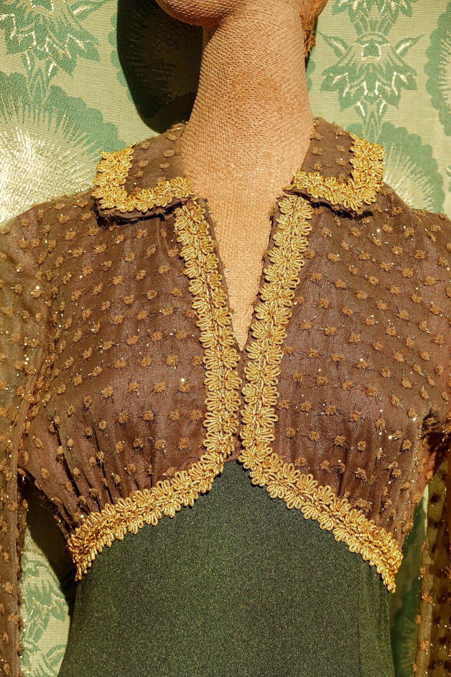 30's Gold & Green Dress - Sheer Balloon Sleeves - Vintage Long Formal Empire Waist Dress - Rare - Small/Medium