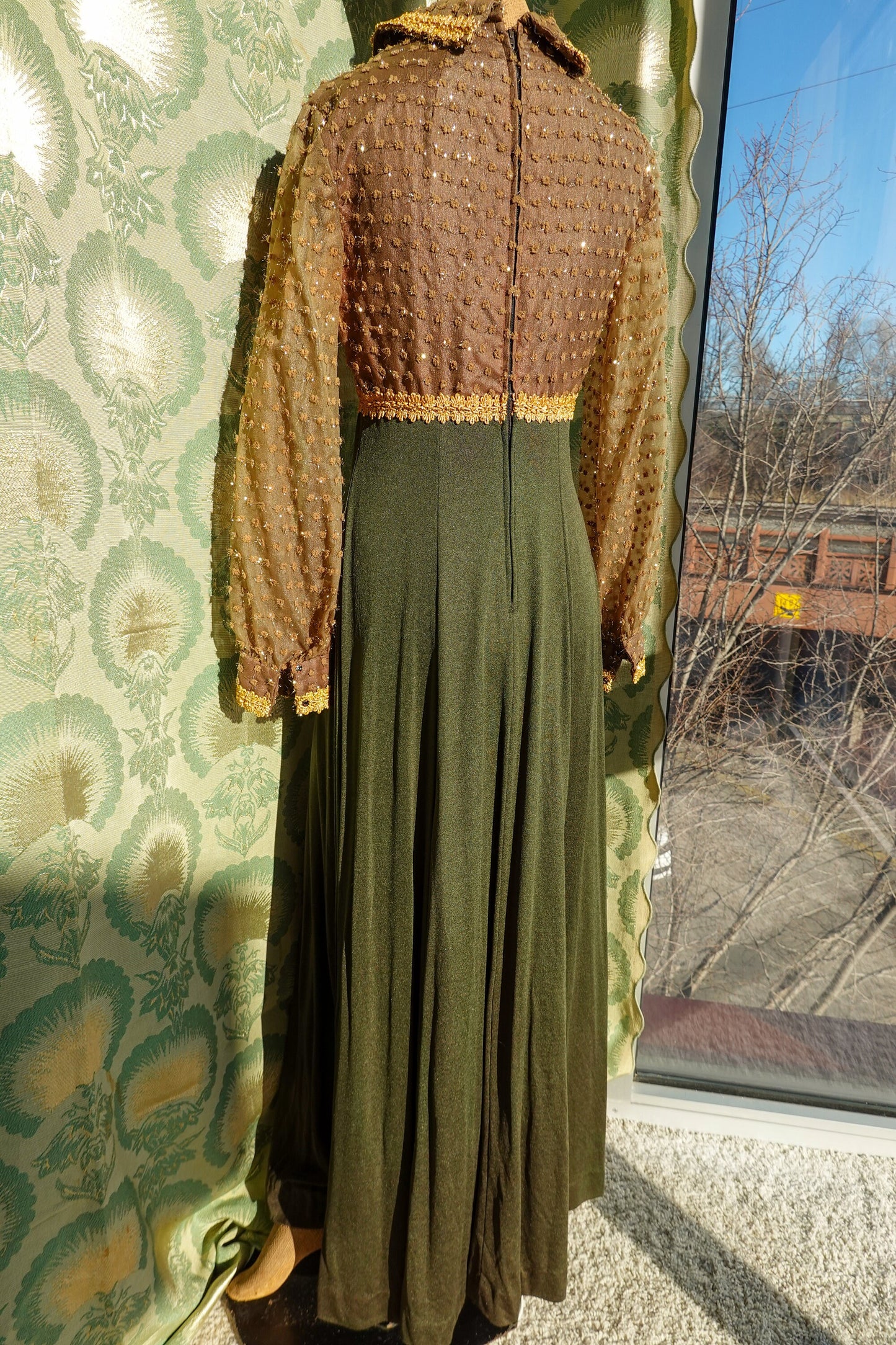 30's Gold & Green Dress - Sheer Balloon Sleeves - Vintage Long Formal Empire Waist Dress - Rare - Small/Medium