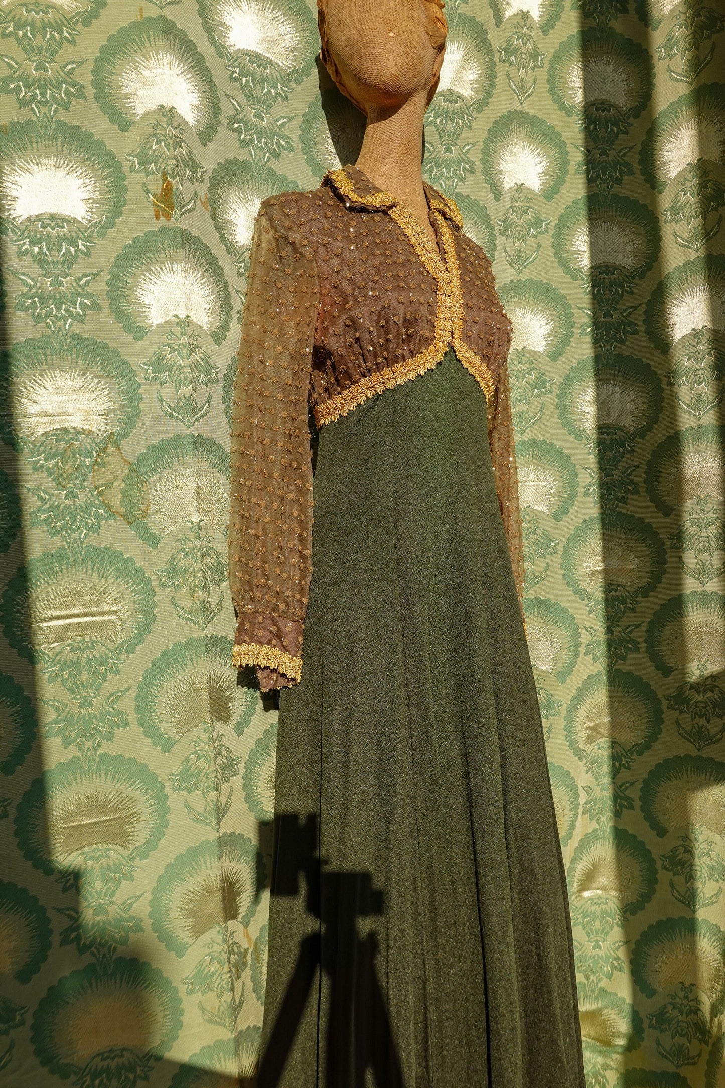 30's Gold & Green Dress - Sheer Balloon Sleeves - Vintage Long Formal Empire Waist Dress - Rare - Small/Medium
