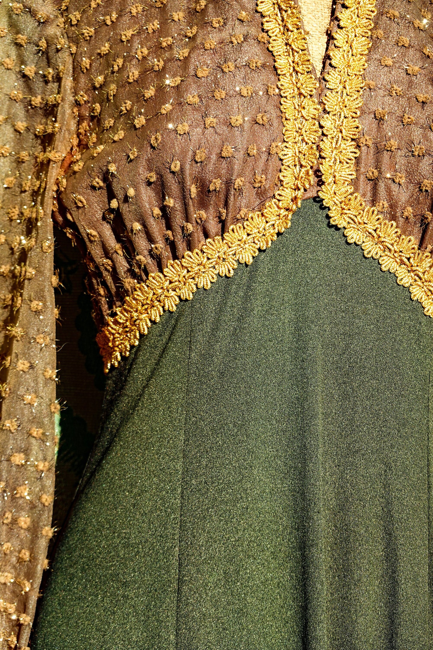 30's Gold & Green Dress - Sheer Balloon Sleeves - Vintage Long Formal Empire Waist Dress - Rare - Small/Medium