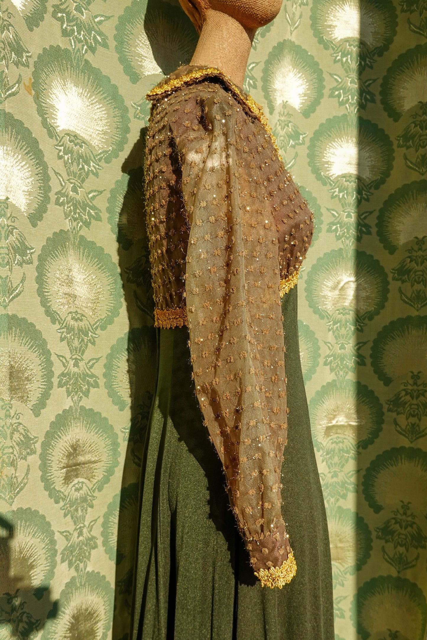 30's Gold & Green Dress - Sheer Balloon Sleeves - Vintage Long Formal Empire Waist Dress - Rare - Small/Medium