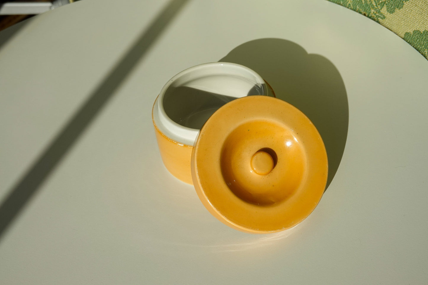 20's Orange Round Ceramic Jar - Art Deco - Avco Vitrified China - Vintage Lidded Vessel - Vanity, Boudoir Storage