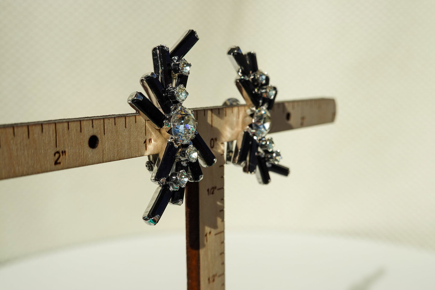 Vintage Weiss Rhinestone Climber Earrings - Black Baguette Rhinestones with Brilliant Cut Clear Rhinestones