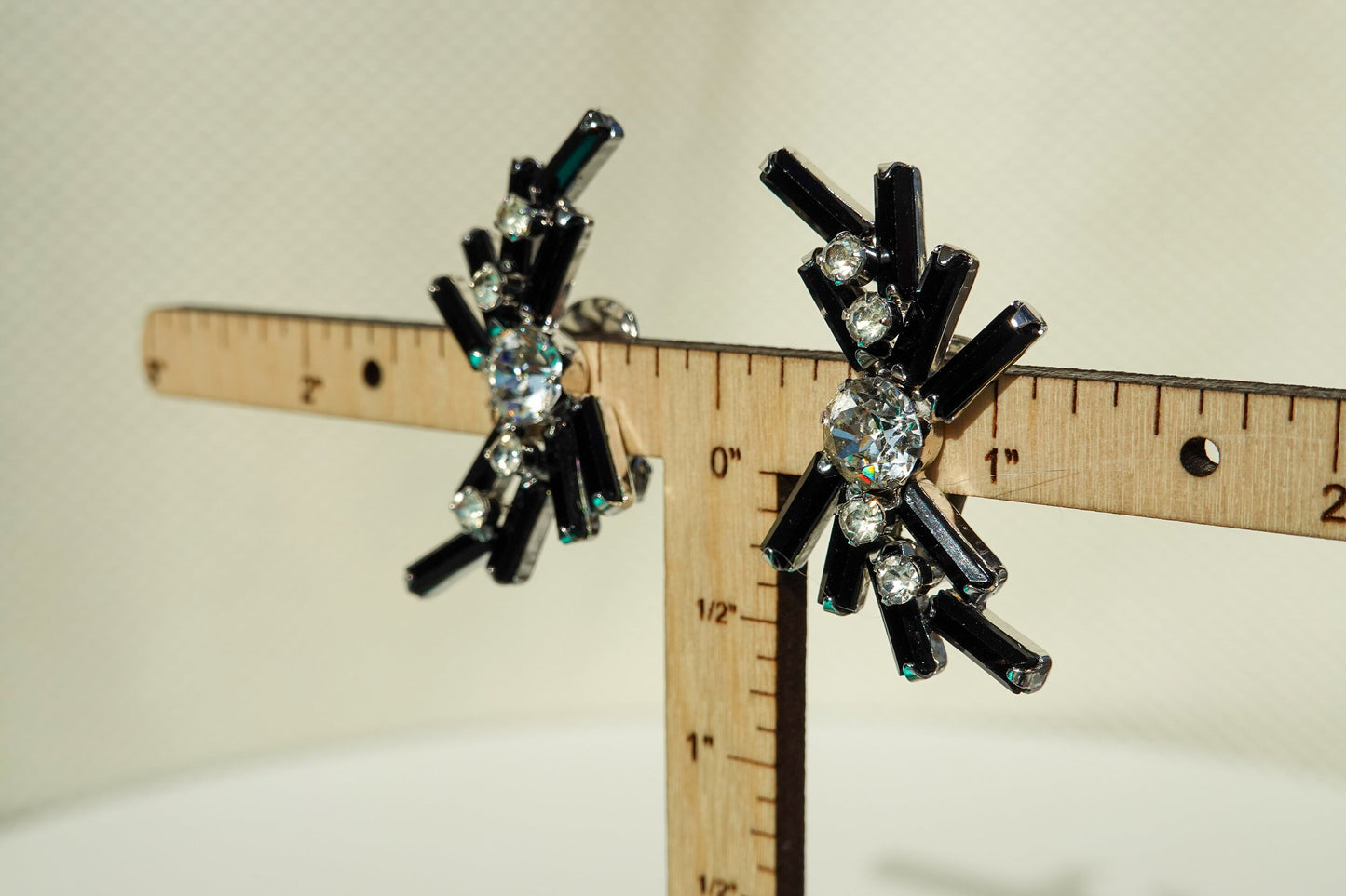 Vintage Weiss Rhinestone Climber Earrings - Black Baguette Rhinestones with Brilliant Cut Clear Rhinestones