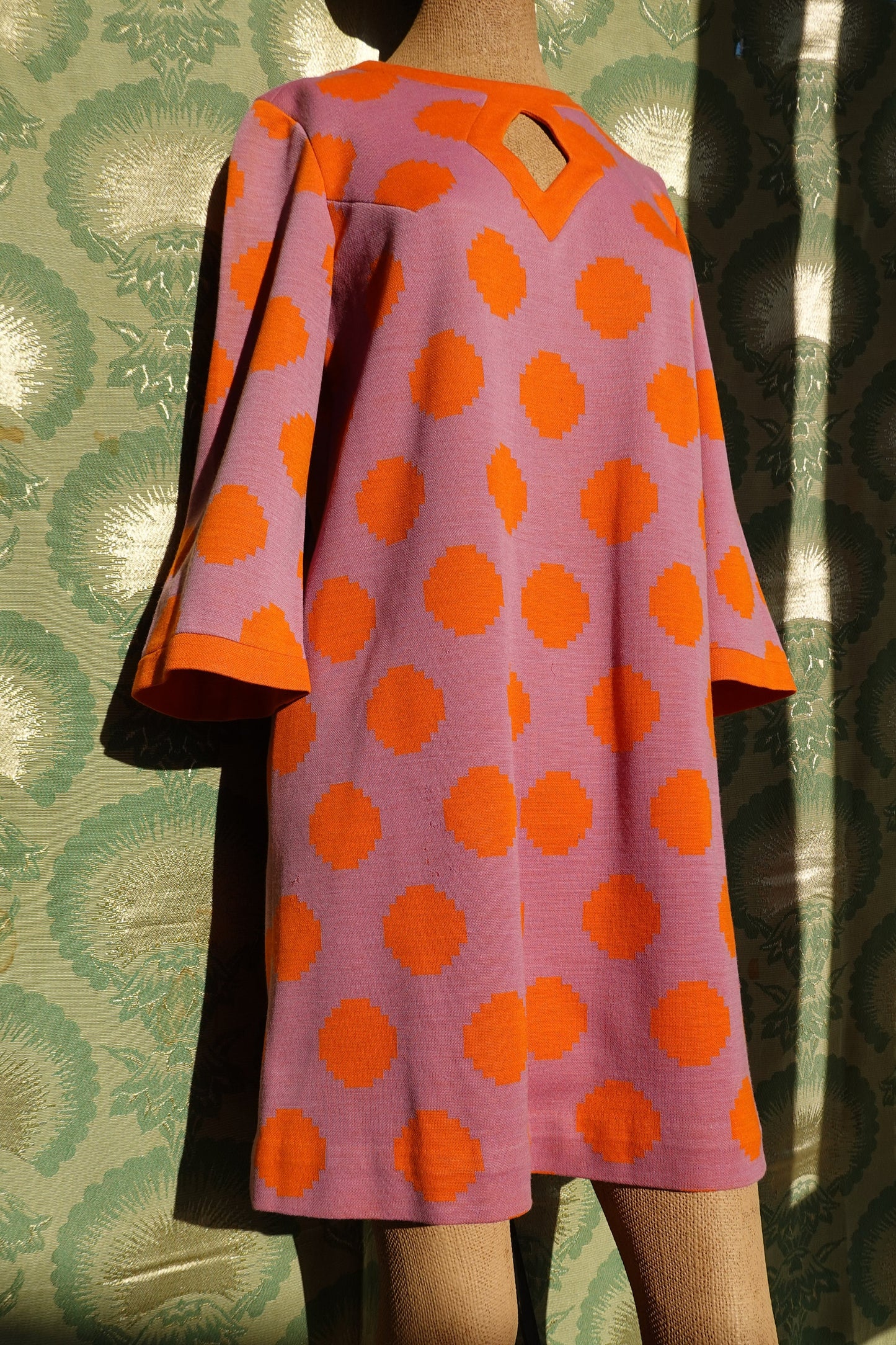 60's Purple & Orange Shift with Peak-a-boo Front - Vintage Knit Bright Geometric Short Dress - Domani Knits - Small/Medium