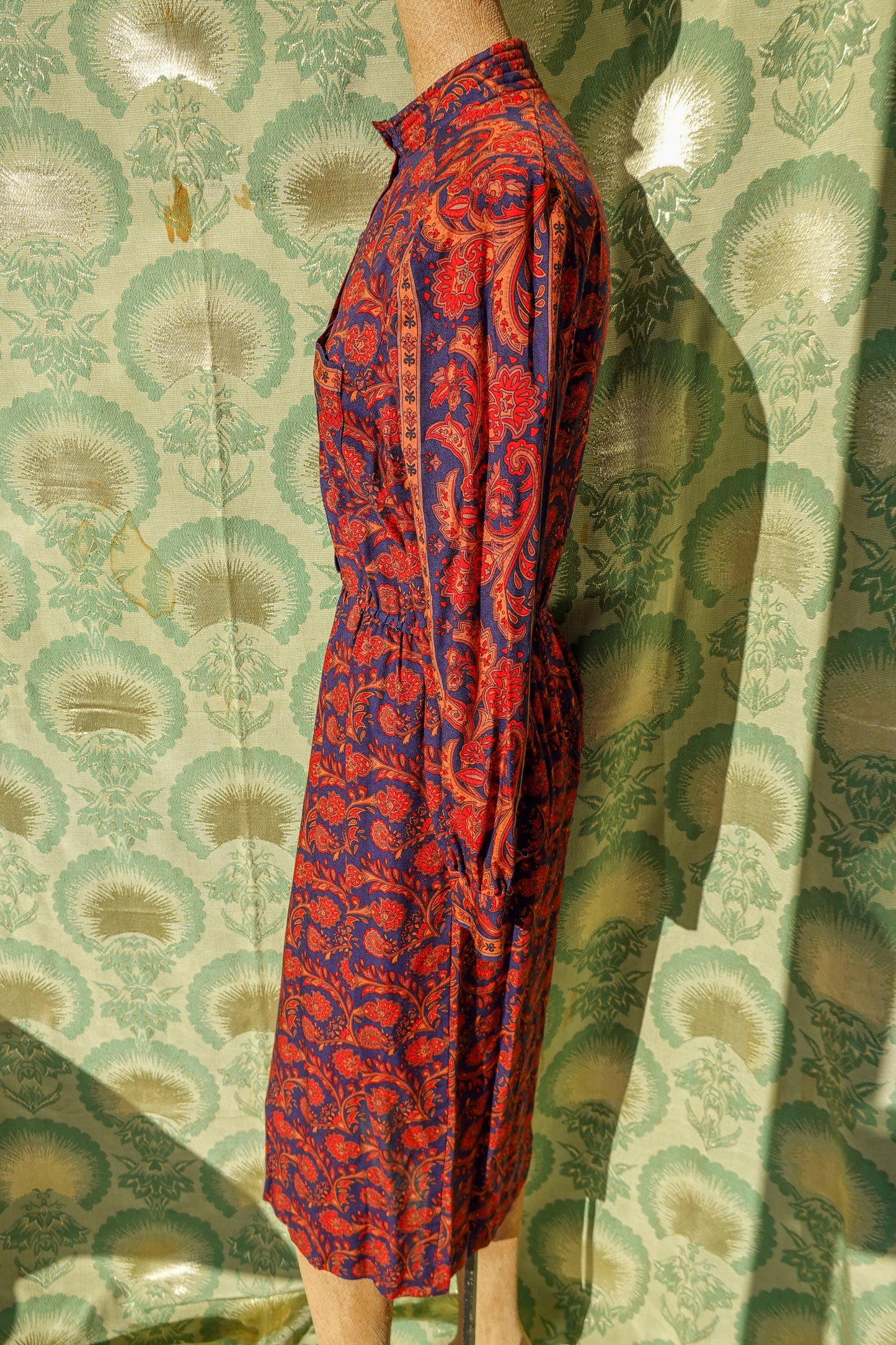 80's Paisley Shirt Dress - Vintage Navy and Red Easy Dress - Elastic Waist, High Collar Shirt Dress - by California Girl - Medium/Large