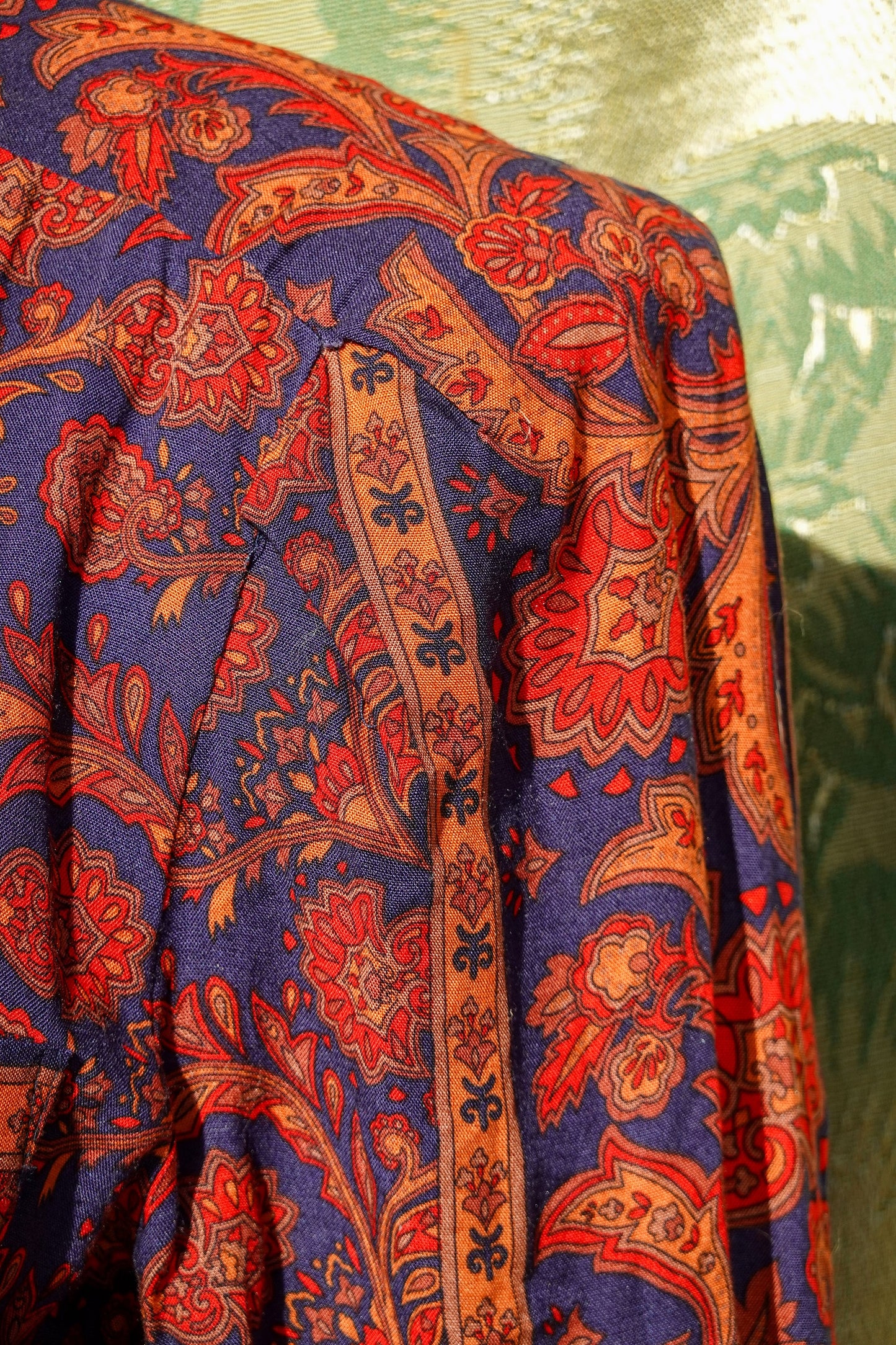 80's Paisley Shirt Dress - Vintage Navy and Red Easy Dress - Elastic Waist, High Collar Shirt Dress - by California Girl - Medium/Large