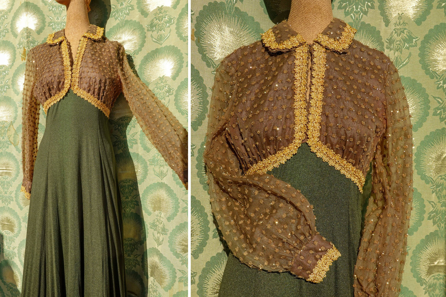 30's Gold & Green Dress - Sheer Balloon Sleeves - Vintage Long Formal Empire Waist Dress - Rare - Small/Medium