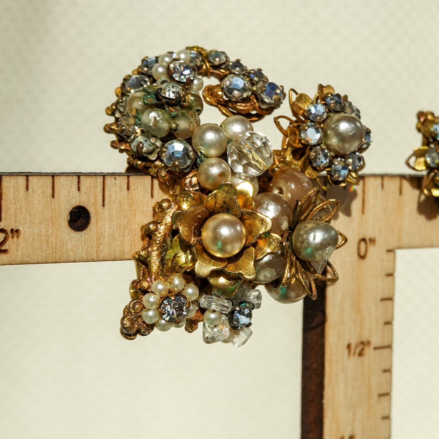 50's Eugene Bouquet Earrings - Filigree Ornate Gold Tone Statement Rhinestone & Pearl Earrings