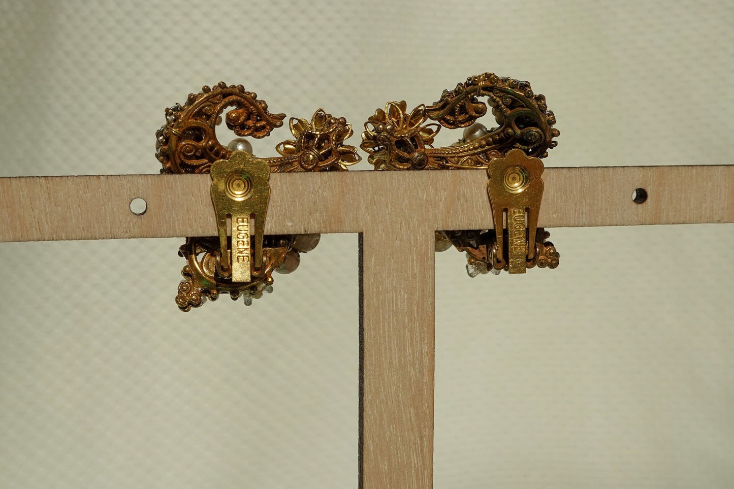 50's Eugene Bouquet Earrings - Filigree Ornate Gold Tone Statement Rhinestone & Pearl Earrings