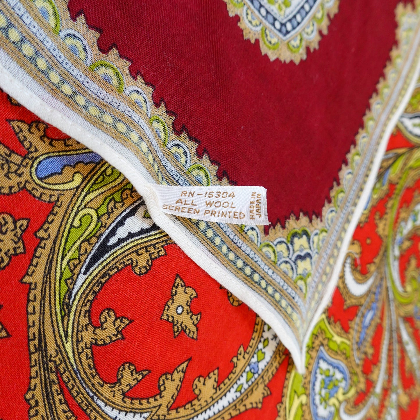 70's Lightweight Wool Scarf - Vintage Japanese Screen Printed Intricate Scarf - Hand Rolled Hem - 28" Square