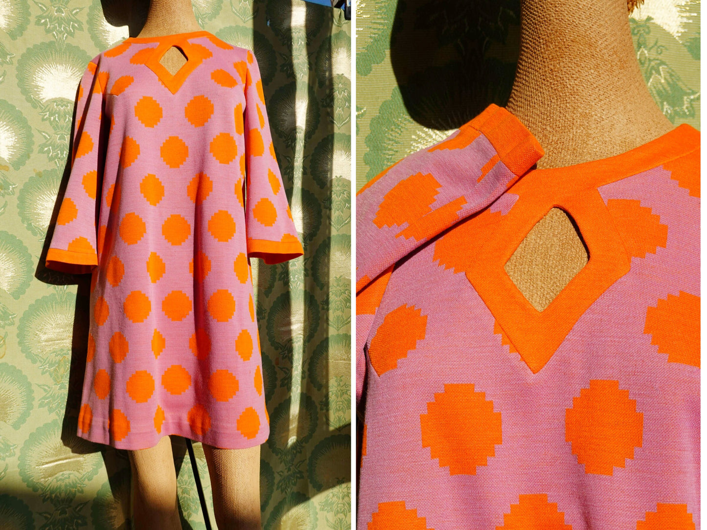 60's Purple & Orange Shift with Peak-a-boo Front - Vintage Knit Bright Geometric Short Dress - Domani Knits - Small/Medium