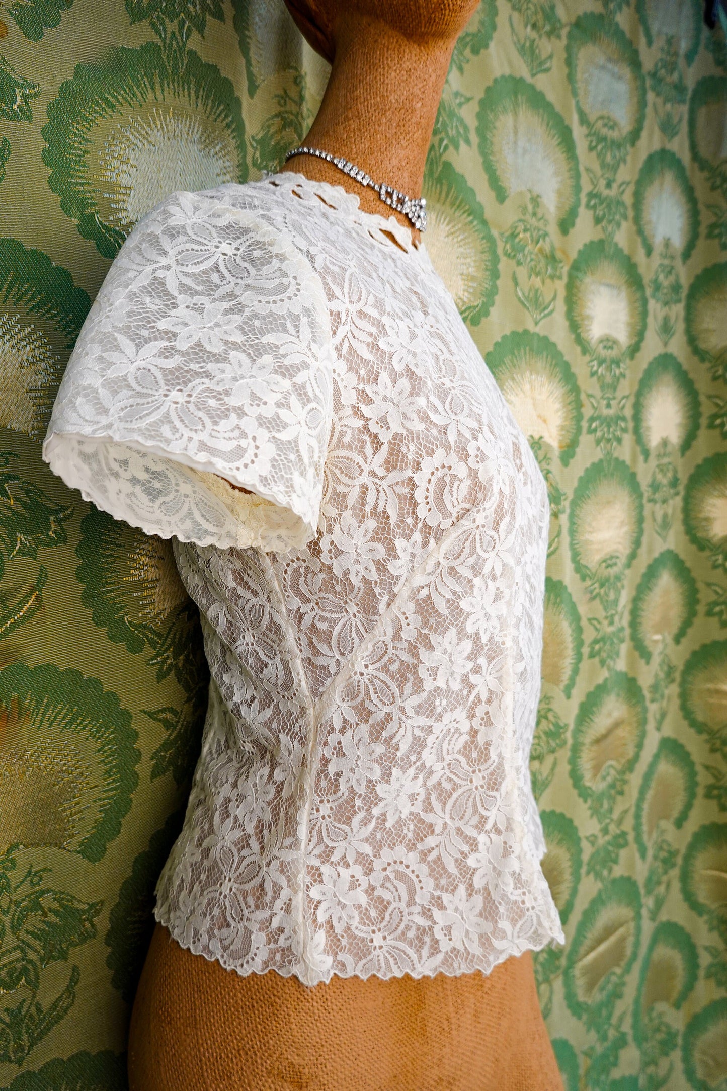 40's Sheer Lace Blouse - Vintage Sheer Lace Applique Back Button Blouse - by Saab, Blouse du Jour - Size Small