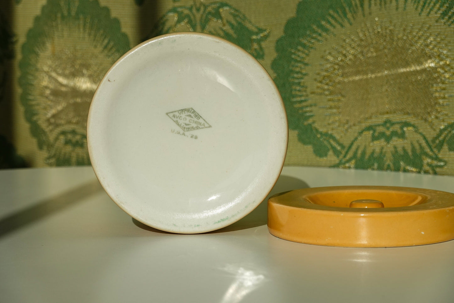 20's Orange Round Ceramic Jar - Art Deco - Avco Vitrified China - Vintage Lidded Vessel - Vanity, Boudoir Storage