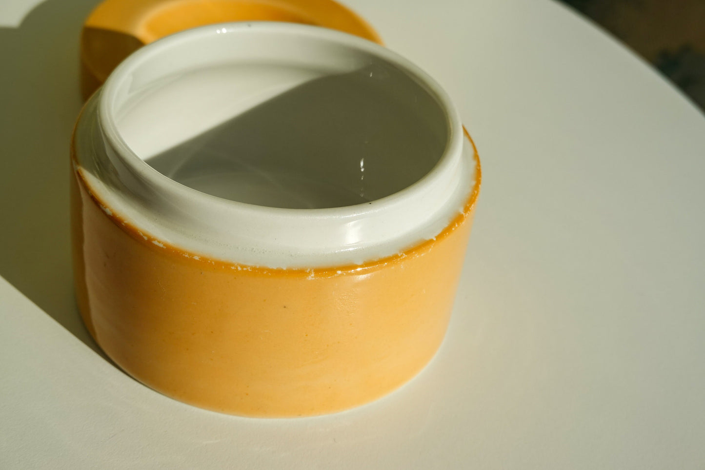 20's Orange Round Ceramic Jar - Art Deco - Avco Vitrified China - Vintage Lidded Vessel - Vanity, Boudoir Storage
