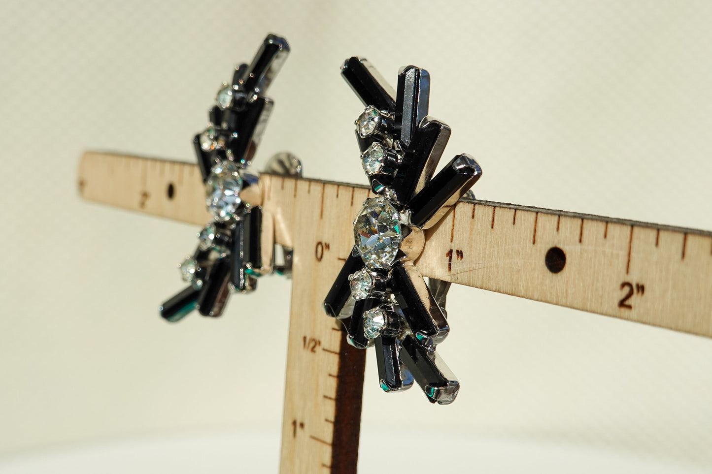 Vintage Weiss Rhinestone Climber Earrings - Black Baguette Rhinestones with Brilliant Cut Clear Rhinestones
