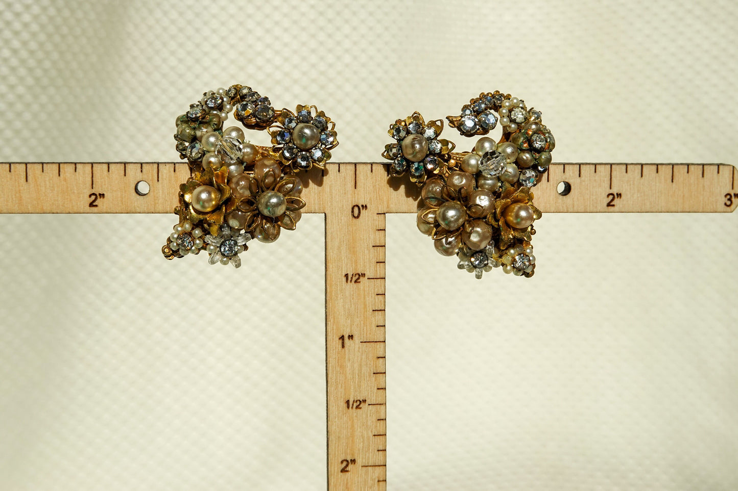 50's Eugene Bouquet Earrings - Filigree Ornate Gold Tone Statement Rhinestone & Pearl Earrings