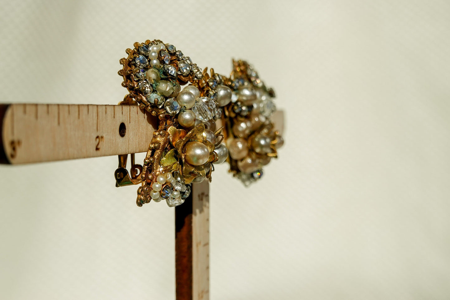 50's Eugene Bouquet Earrings - Filigree Ornate Gold Tone Statement Rhinestone & Pearl Earrings