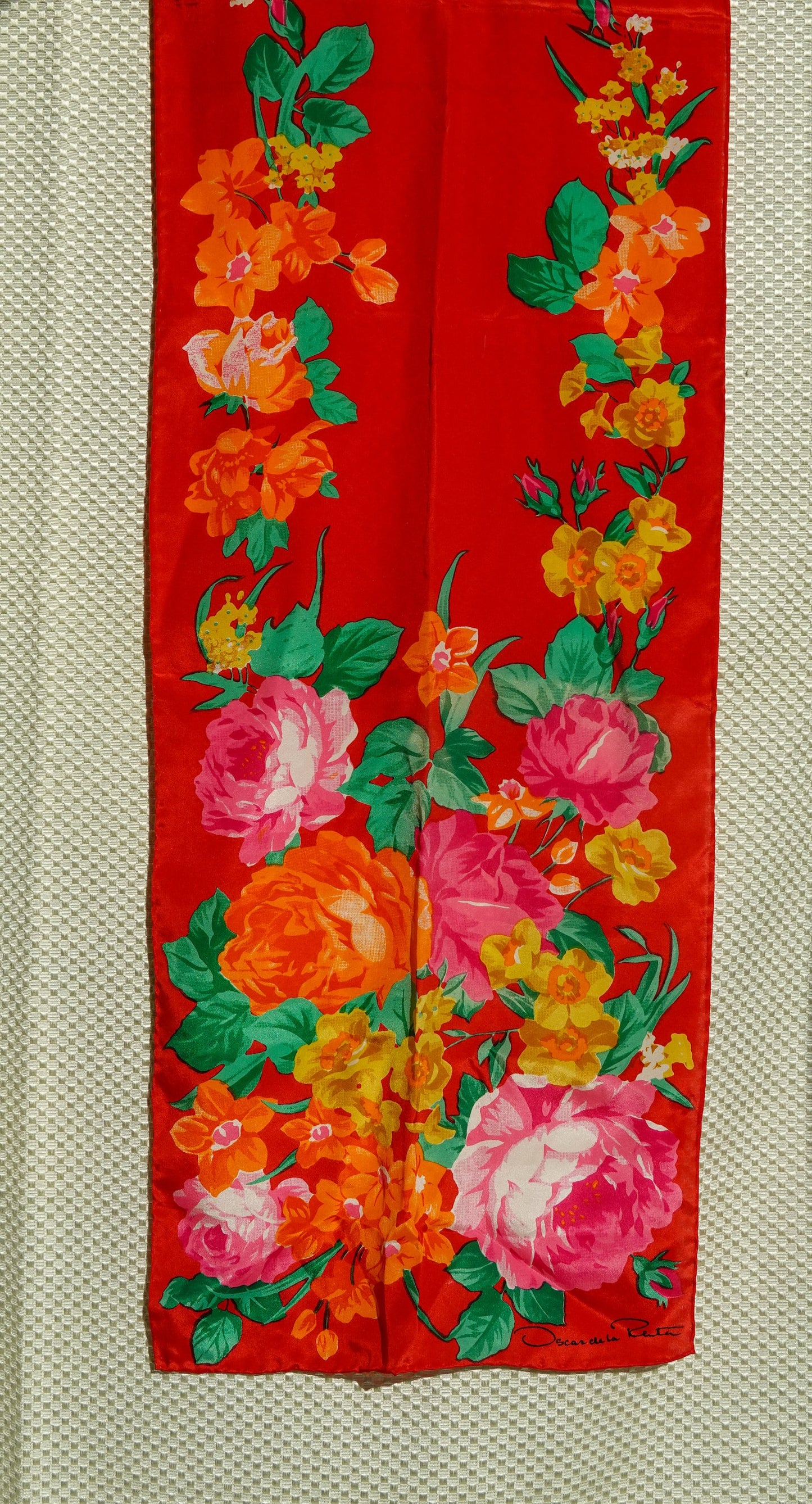 80's Silk Oscar de la Renta Scarf - Long Silk Floral Scarf - Vintage Bright Scarf