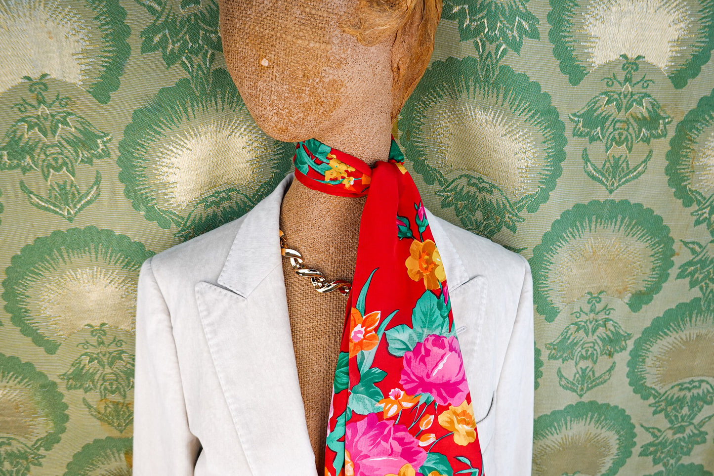 80's Silk Oscar de la Renta Scarf - Long Silk Floral Scarf - Vintage Bright Scarf