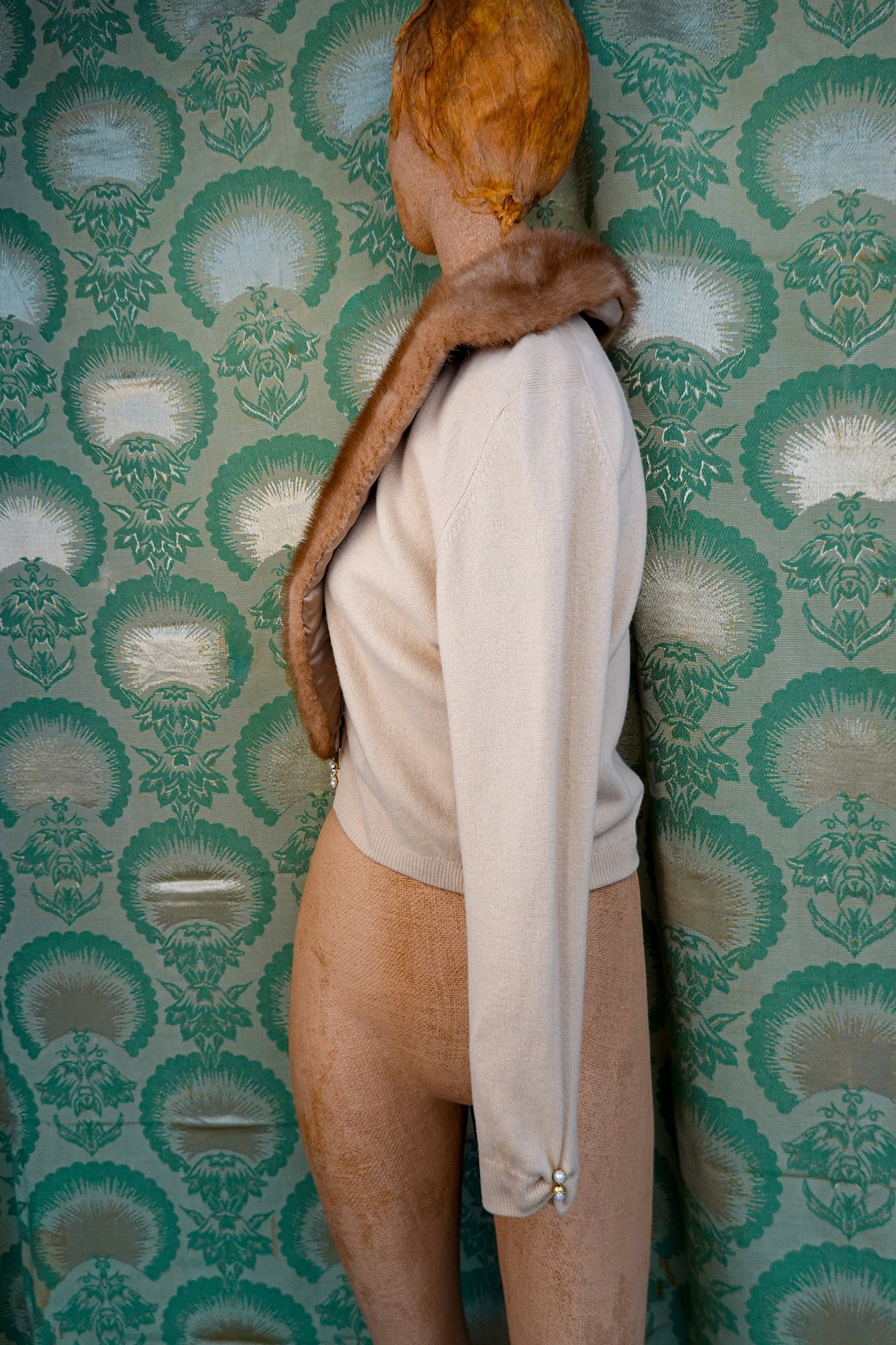 60's Cashmere V-Neck Cardigan with Detachable Mink Fur Collar - Vintage Glamorous, Luxurious Cardigan Sweater - XS / Small