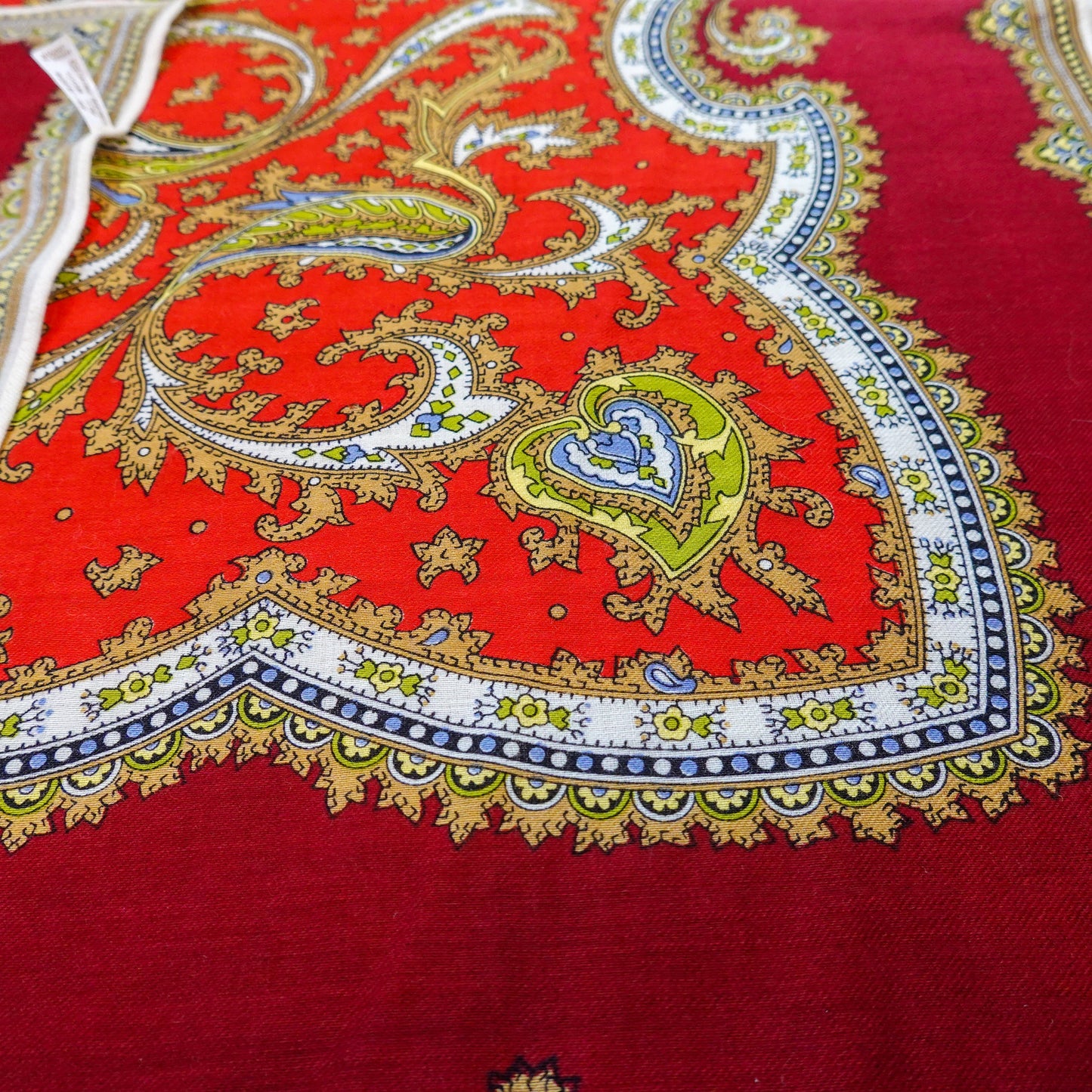 70's Lightweight Wool Scarf - Vintage Japanese Screen Printed Intricate Scarf - Hand Rolled Hem - 28" Square