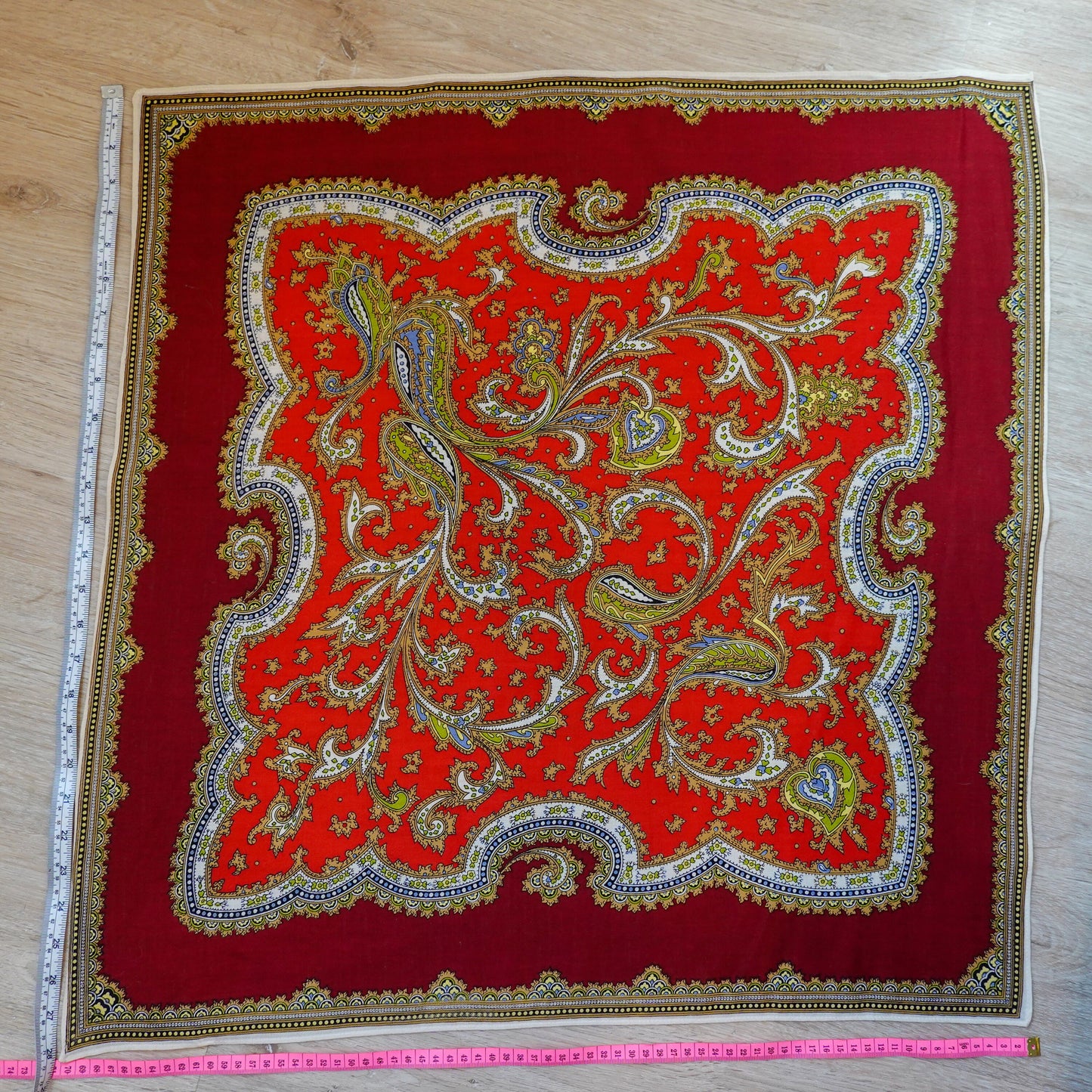 70's Lightweight Wool Scarf - Vintage Japanese Screen Printed Intricate Scarf - Hand Rolled Hem - 28" Square