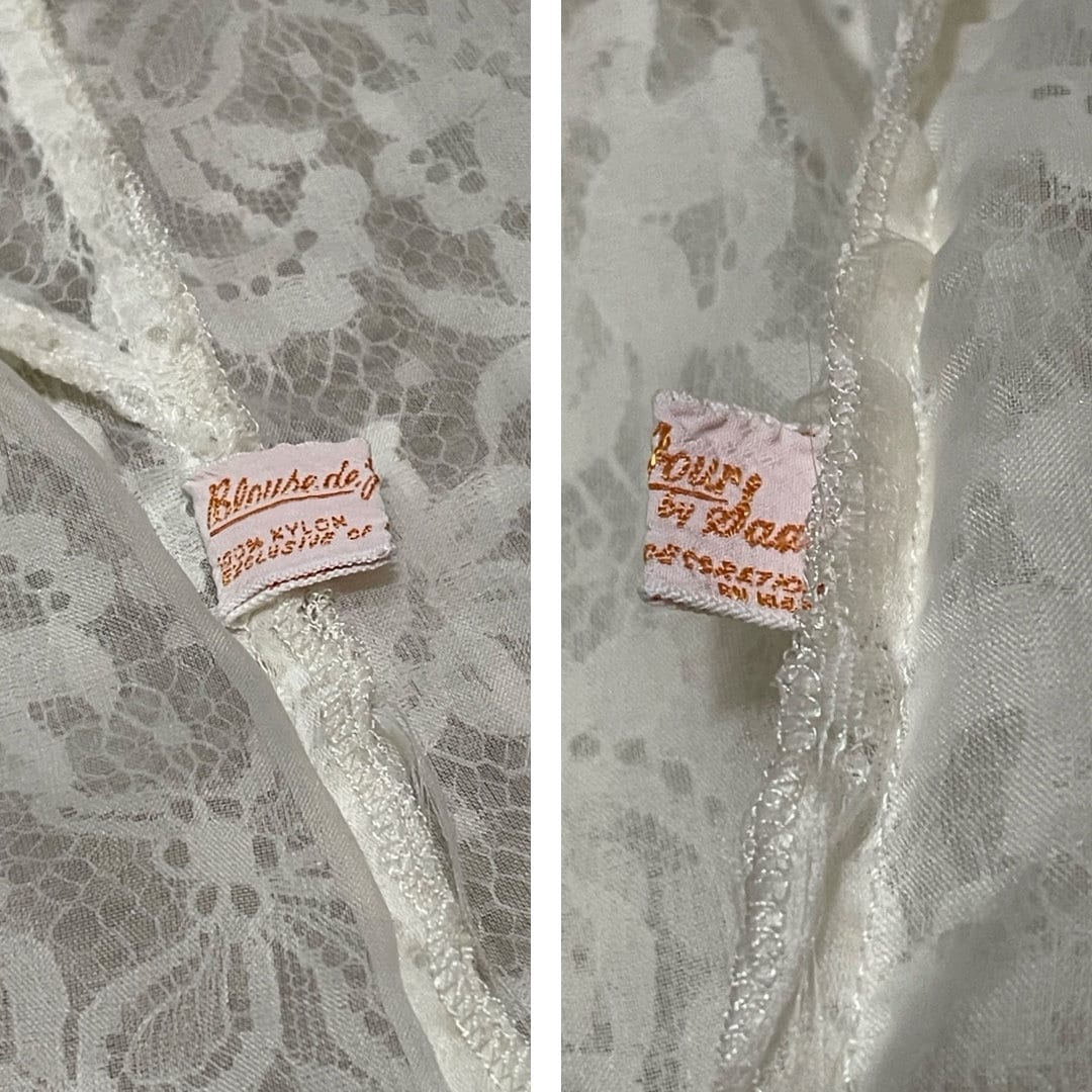 40's Sheer Lace Blouse - Vintage Sheer Lace Applique Back Button Blouse - by Saab, Blouse du Jour - Size Small