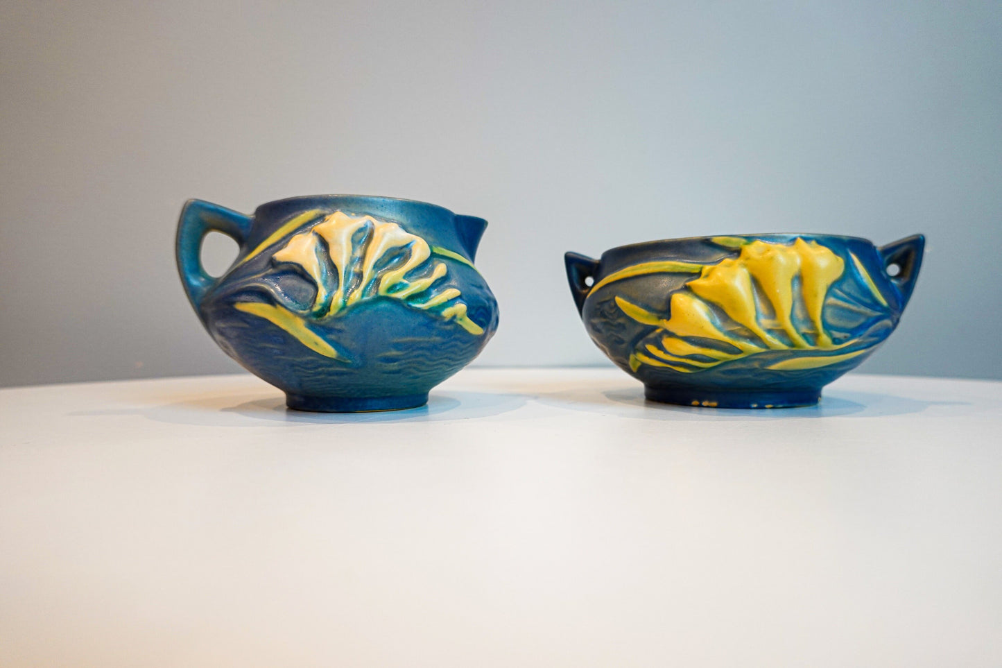 40's Roseville Freesia Blue Cream and Sugar Set - Vintage Art Pottery