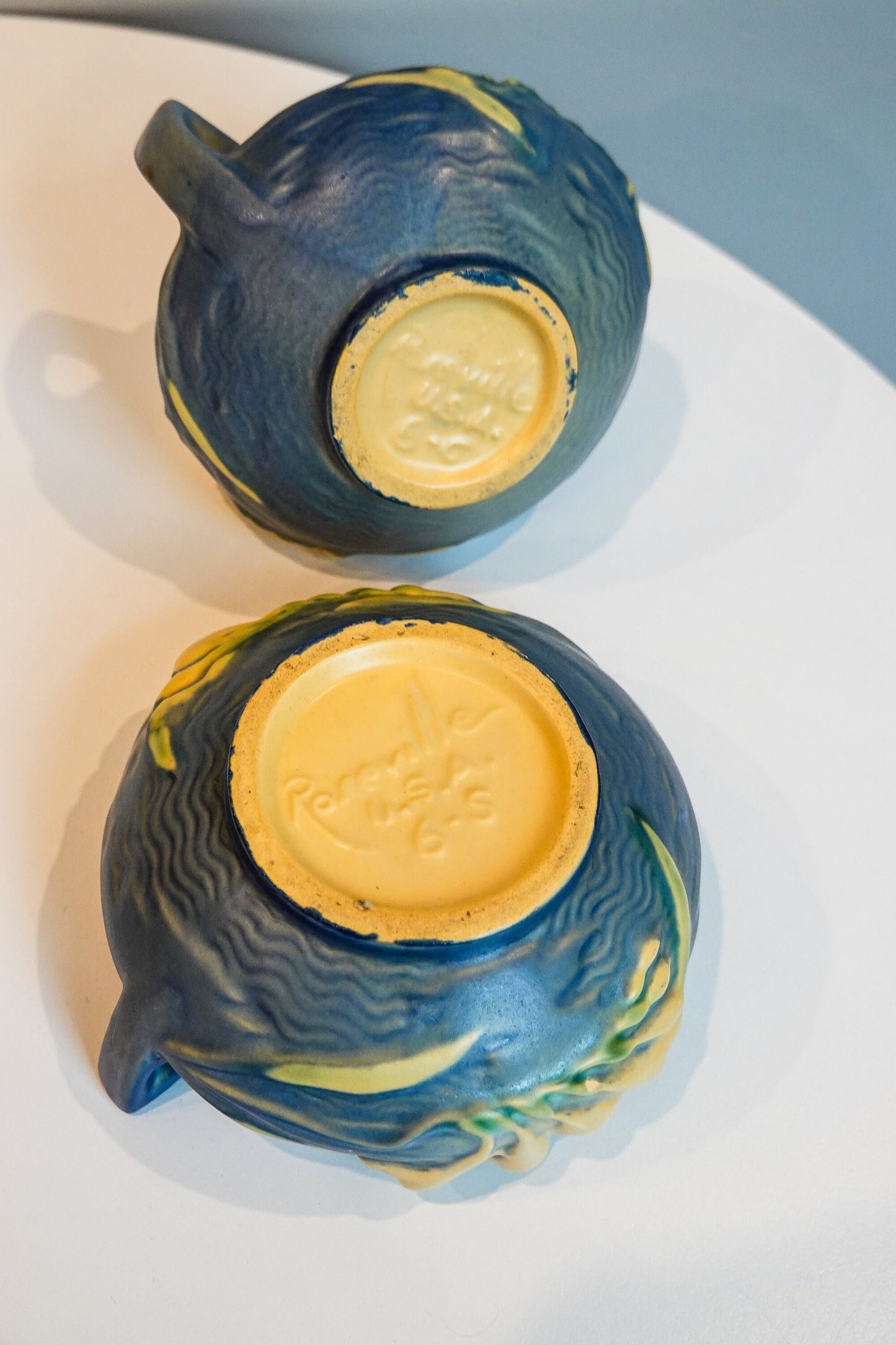 40's Roseville Freesia Blue Cream and Sugar Set - Vintage Art Pottery