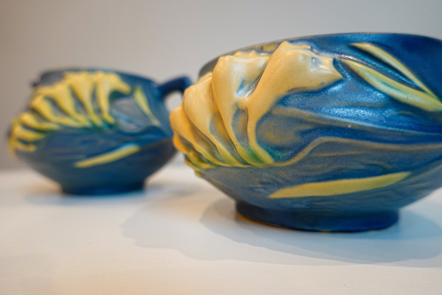 40's Roseville Freesia Blue Cream and Sugar Set - Vintage Art Pottery