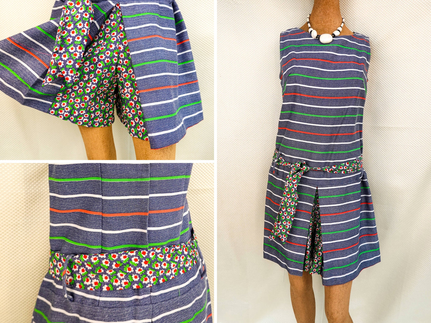 60's Romper - Vintage Handmade Striped Boxy Skort Romper - Sleeveless One Piece - Medium