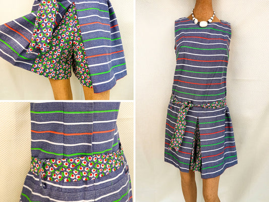 60's Romper - Vintage Handmade Striped Boxy Skort Romper - Sleeveless One Piece - Medium