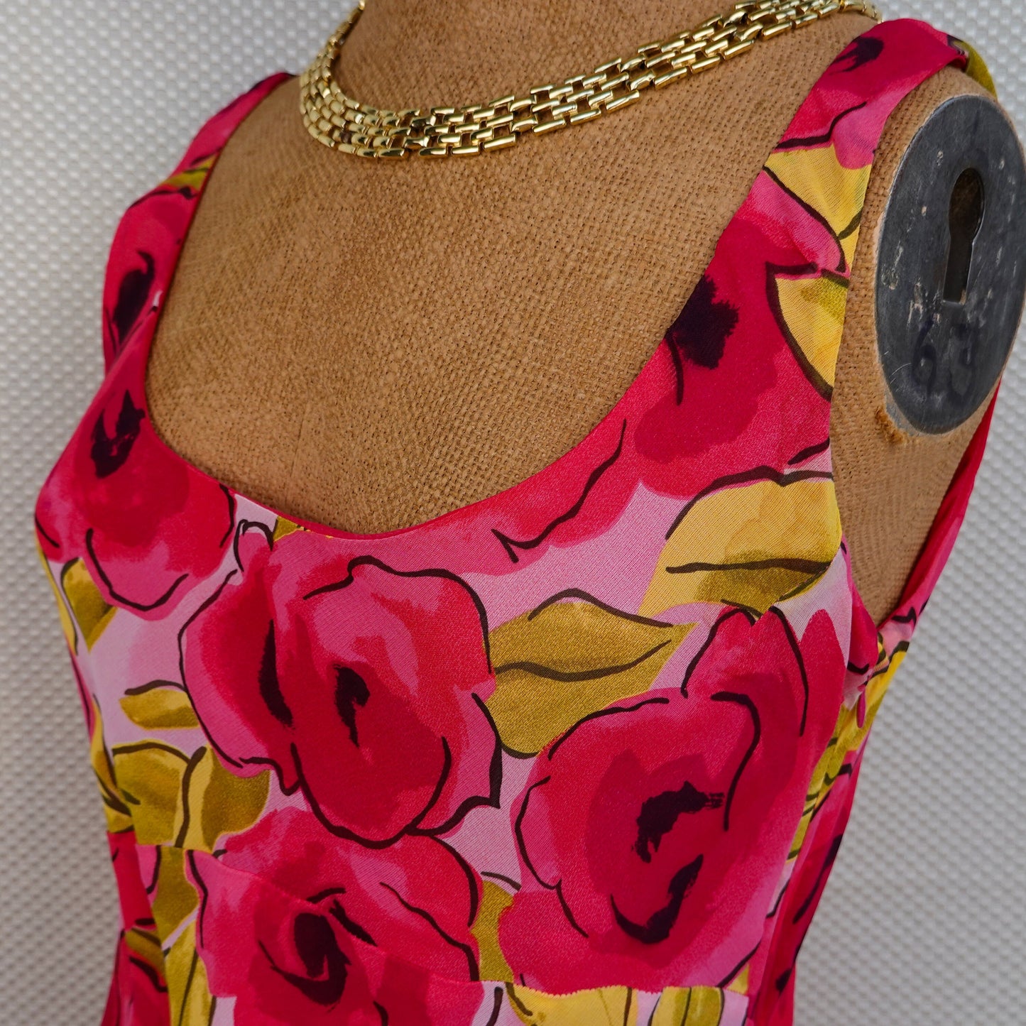 90's - Empire Waist Tank Top Rose Print Dress - Flowy Fabric, Ruffle Trim - by Tessuto - Small/Medium