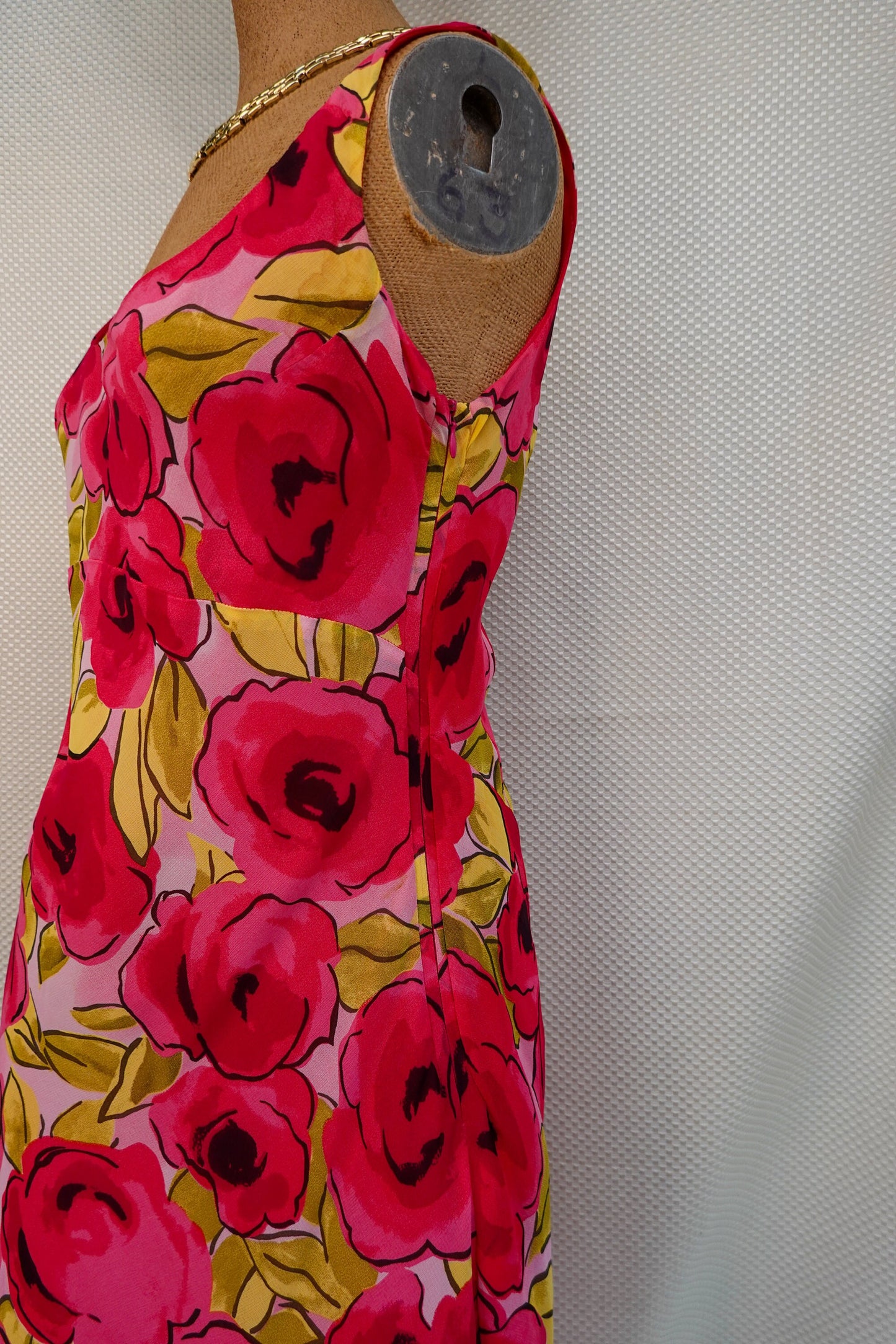 90's - Empire Waist Tank Top Rose Print Dress - Flowy Fabric, Ruffle Trim - by Tessuto - Small/Medium