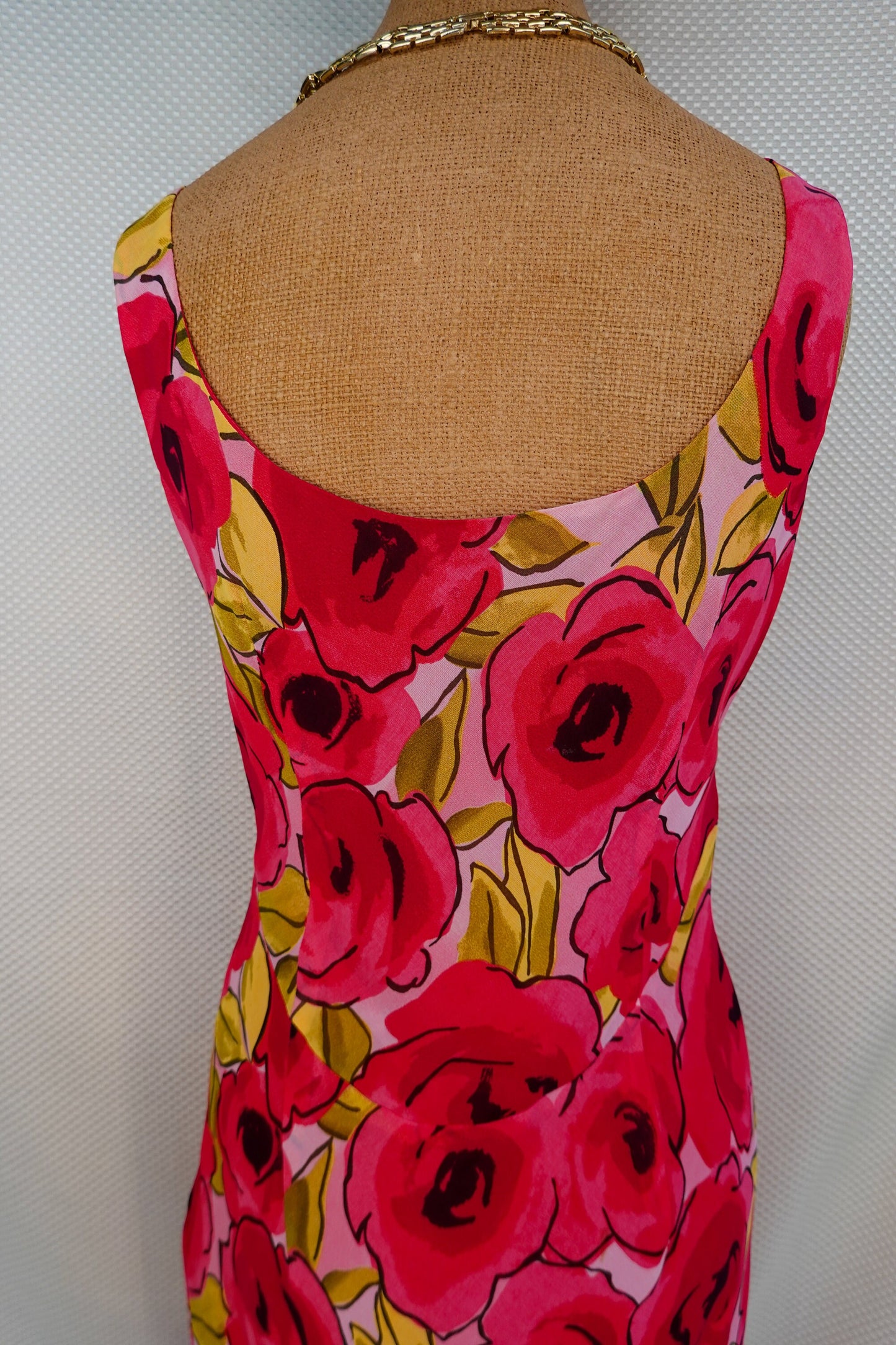 90's - Empire Waist Tank Top Rose Print Dress - Flowy Fabric, Ruffle Trim - by Tessuto - Small/Medium