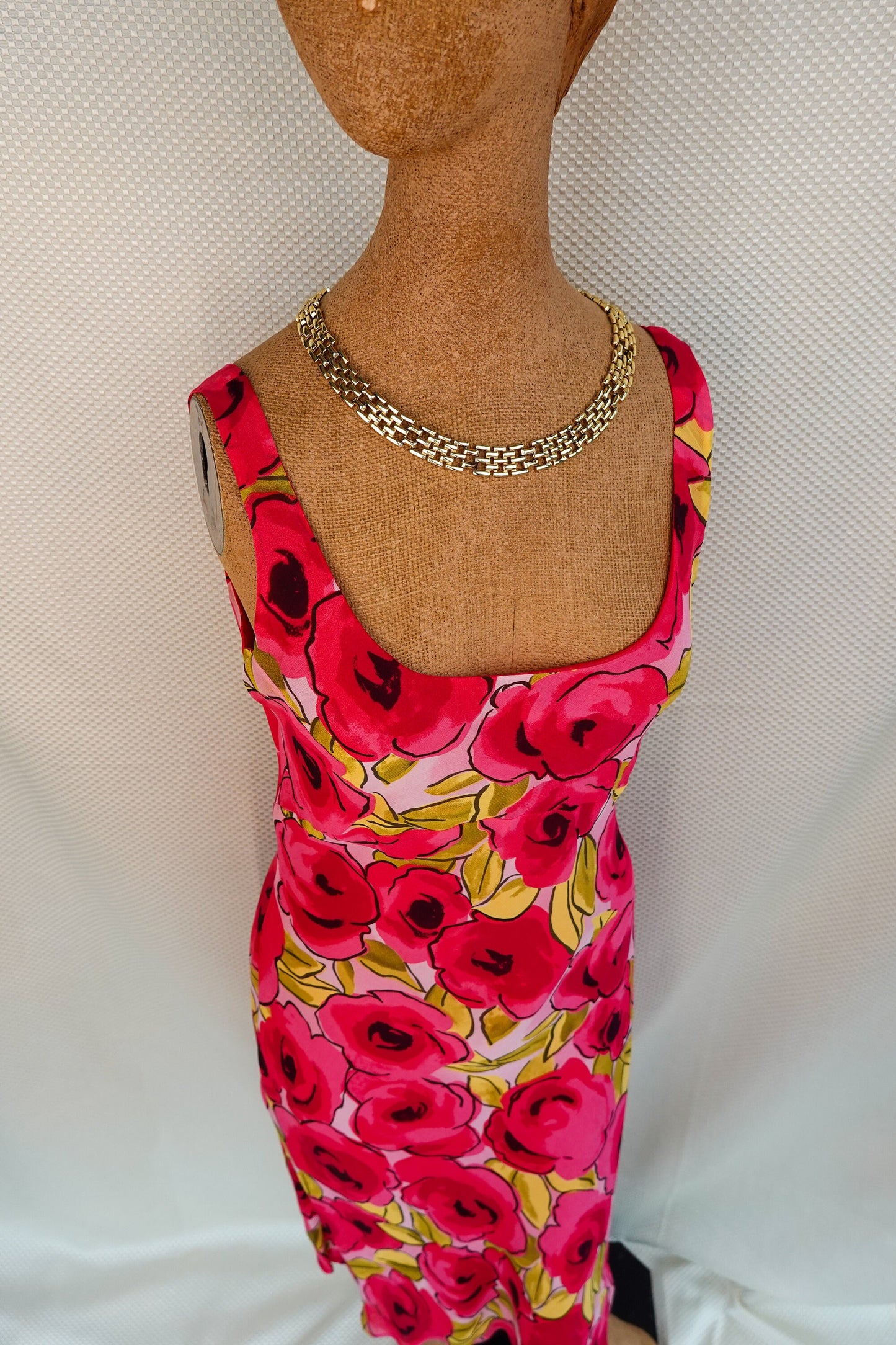 90's - Empire Waist Tank Top Rose Print Dress - Flowy Fabric, Ruffle Trim - by Tessuto - Small/Medium