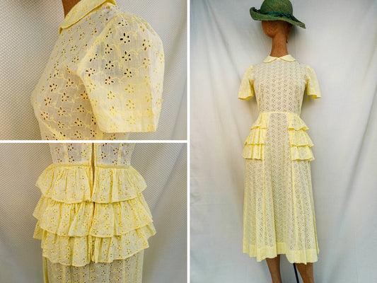50's Lightweight Cotton Eyelet Dress - Pastel Yellow - Flounce Dress with Ruffled Hips - XS/S 26" Waist