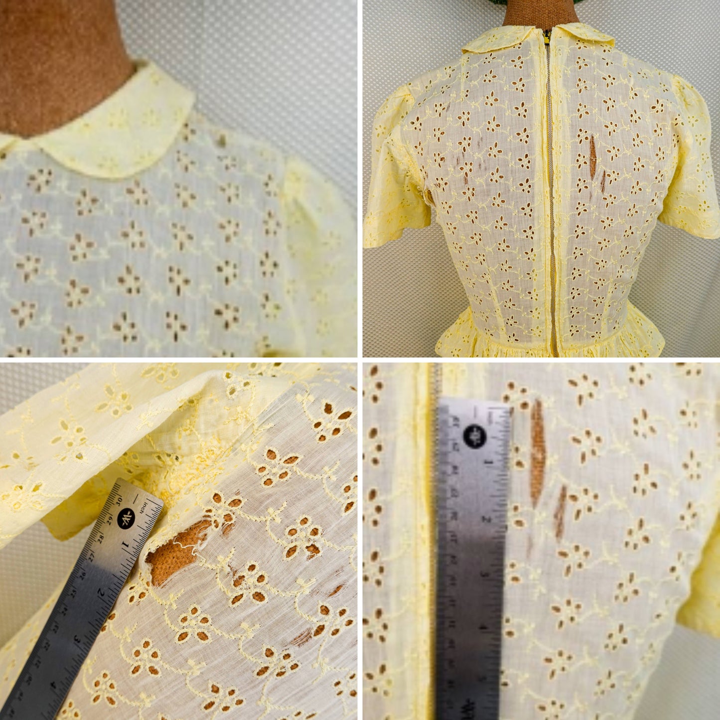 50's Lightweight Cotton Eyelet Dress - Pastel Yellow - Flounce Dress with Ruffled Hips - XS/S 26" Waist