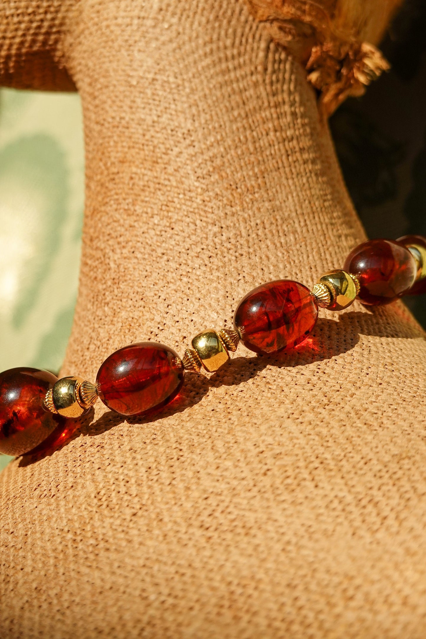 50's - 60's Amber Lucite Bead Adjustable Choker Necklace - Vintage Chunky Acrylic and Gold Tone Spacer Beads - Trifari