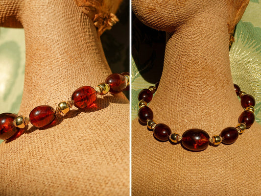 50's - 60's Amber Lucite Bead Adjustable Choker Necklace - Vintage Chunky Acrylic and Gold Tone Spacer Beads - Trifari