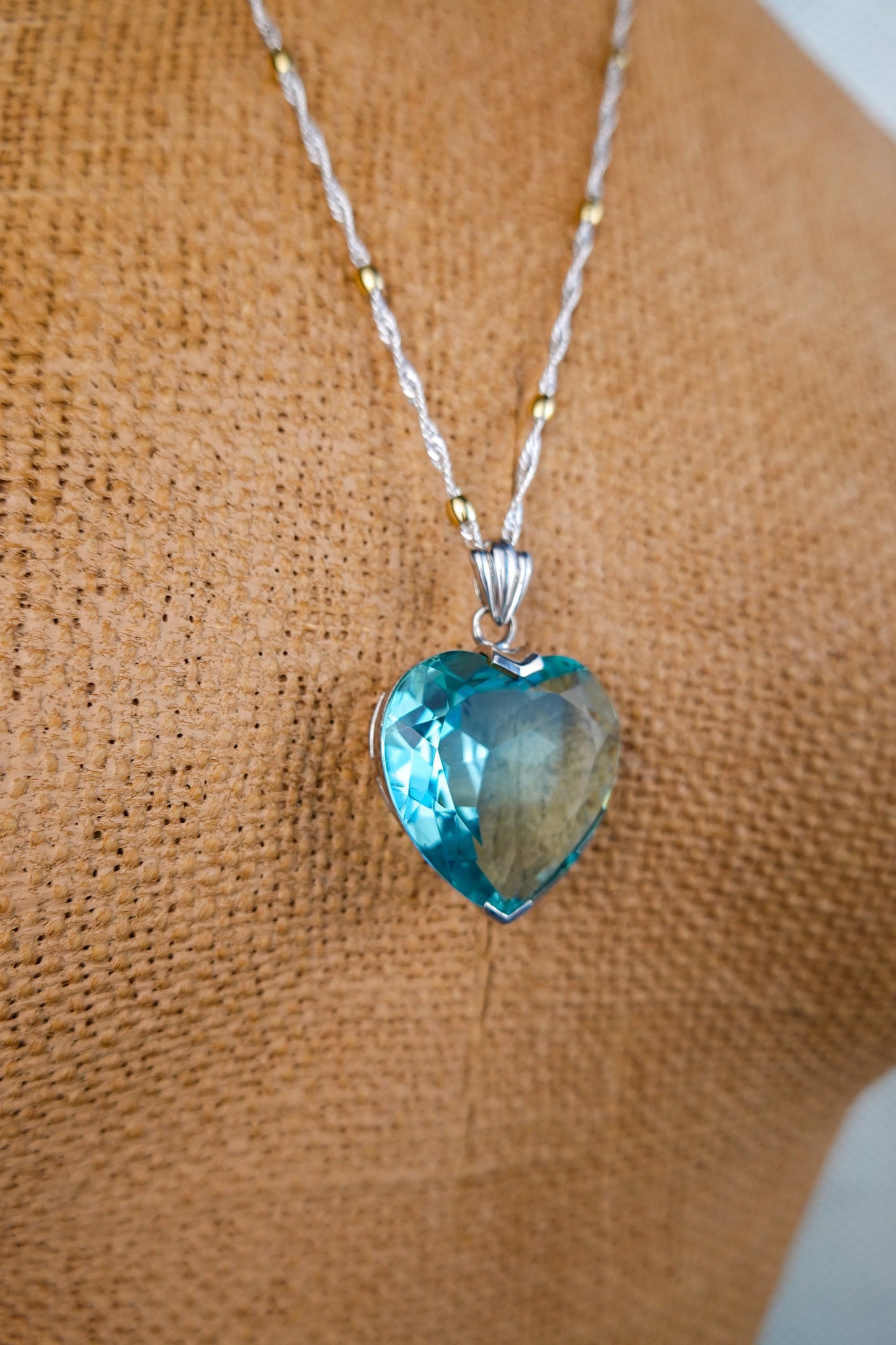 Vintage 2 inch Blue Heart Pendant - Titanic Necklace - Glass and Sterling Silver 925 - by Badavici