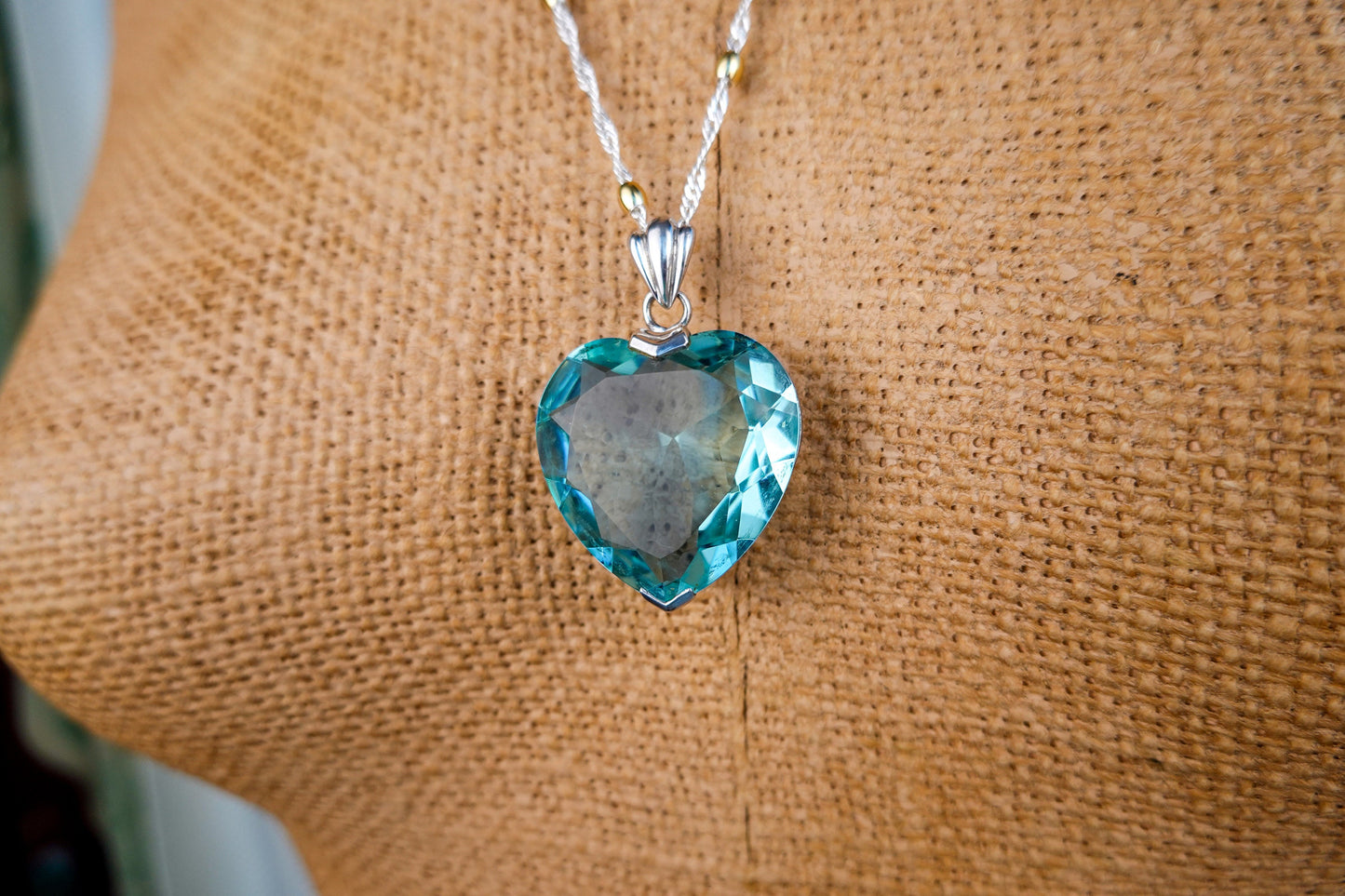 Vintage 2 inch Blue Heart Pendant - Titanic Necklace - Glass and Sterling Silver 925 - by Badavici