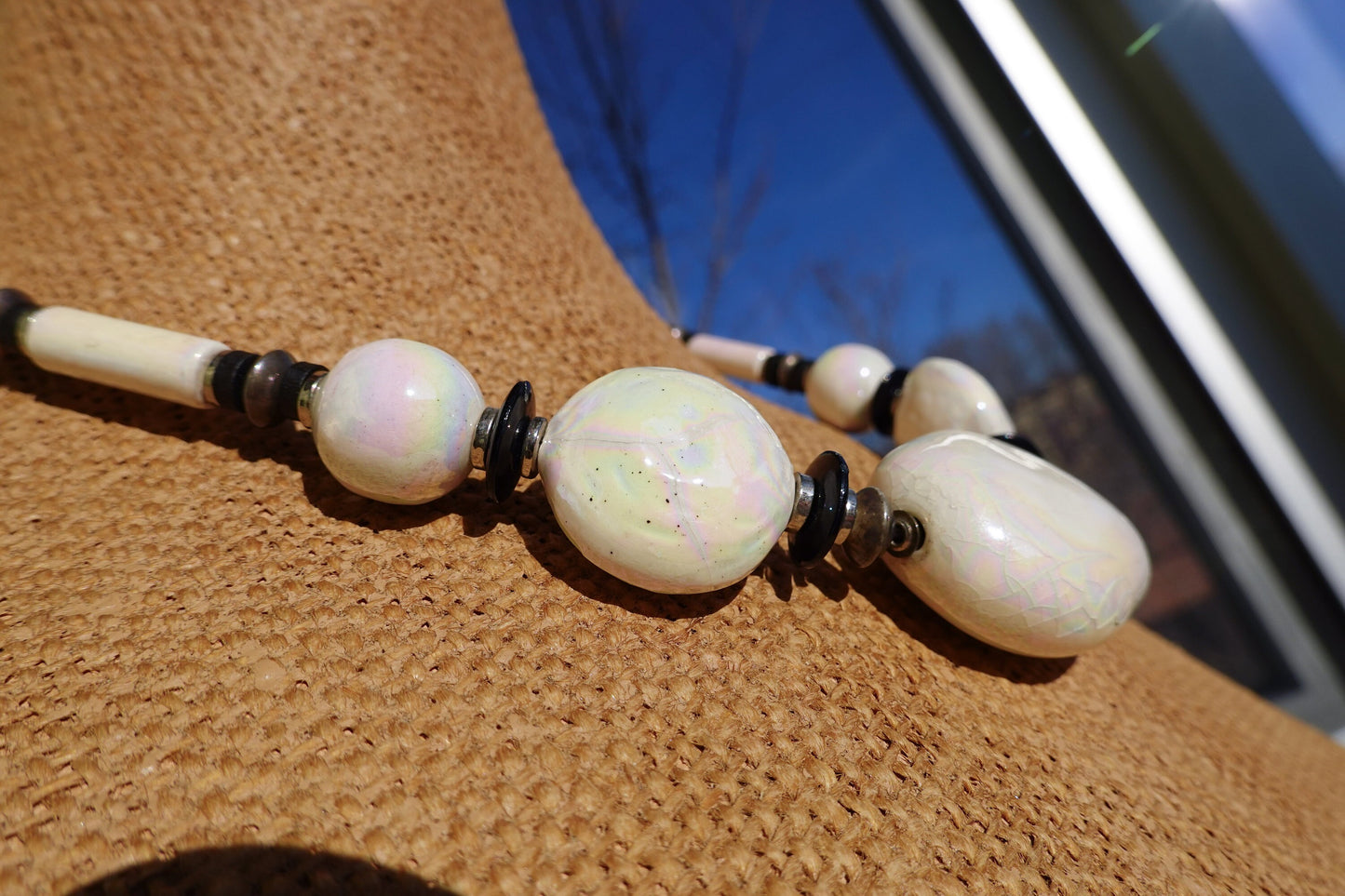 80's Iridescent Ceramic Stone Necklace - Vintage White Chunky Bead Necklace - Made in Japan