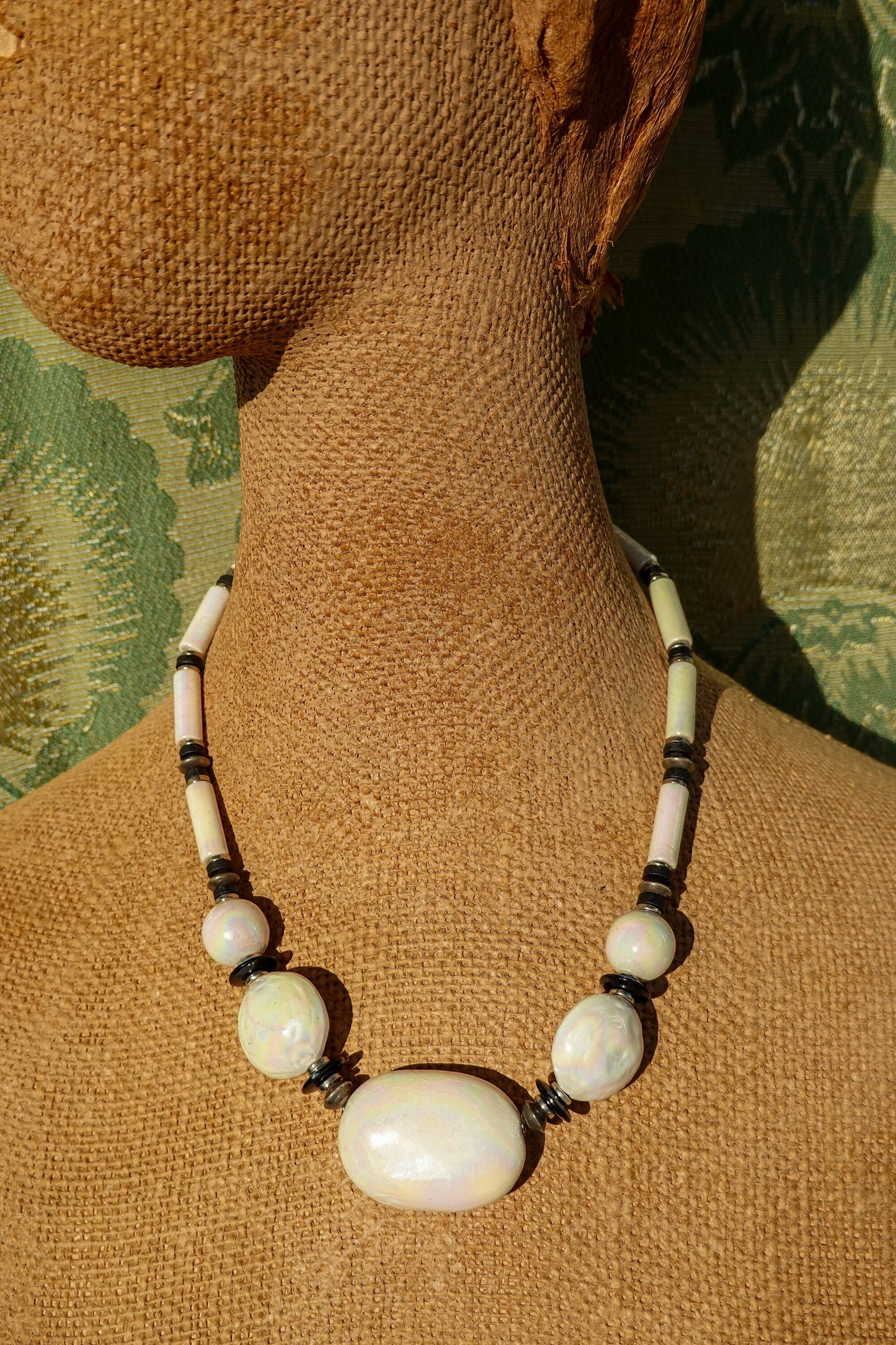 80's Iridescent Ceramic Stone Necklace - Vintage White Chunky Bead Necklace - Made in Japan