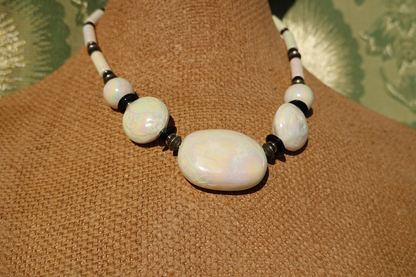 80's Iridescent Ceramic Stone Necklace - Vintage White Chunky Bead Necklace - Made in Japan