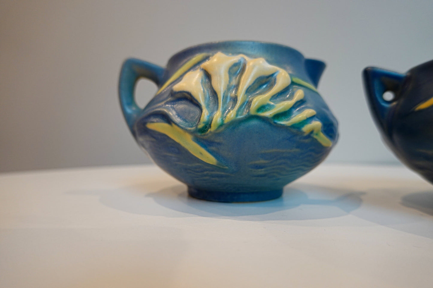 40's Roseville Freesia Blue Cream and Sugar Set - Vintage Art Pottery
