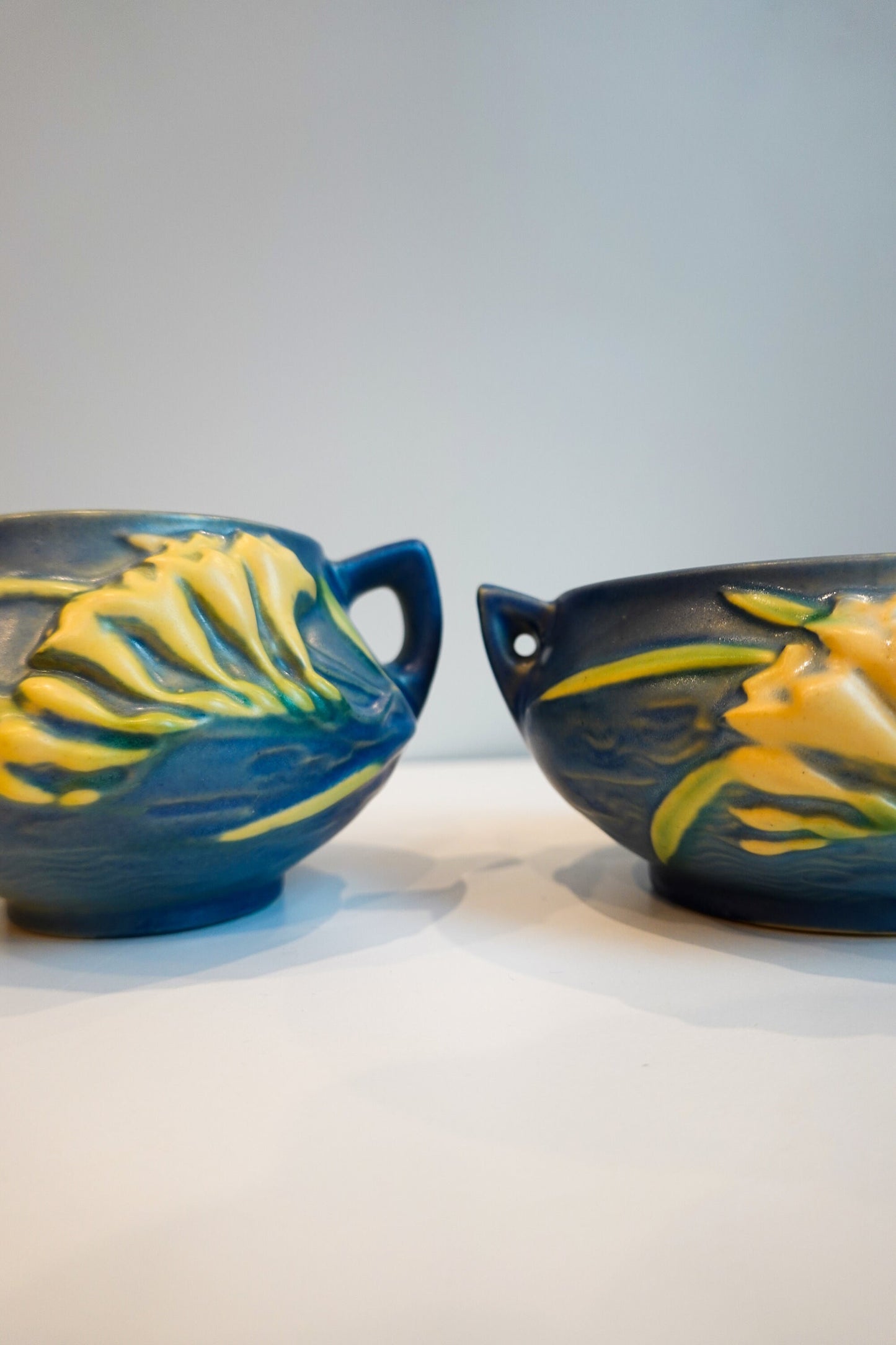 40's Roseville Freesia Blue Cream and Sugar Set - Vintage Art Pottery